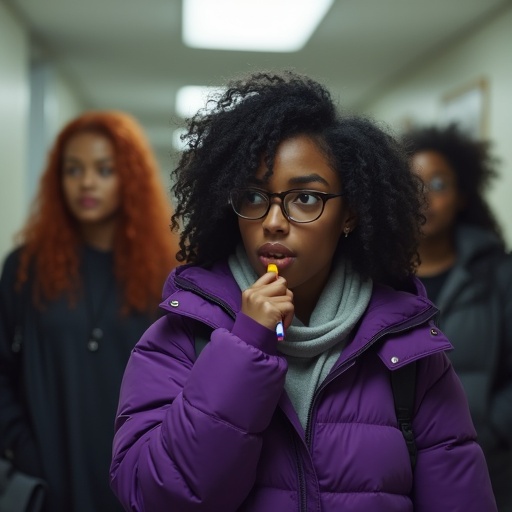 Cinematic shot of college hallway. A 20 year old dark-skinned female student with glasses and curly hair wears a purple puffer jacket. She glares at someone while biting a pencil. Friends are nearby including a barefaced dark-skinned red-haired girl. Environment suggests an educational setting.