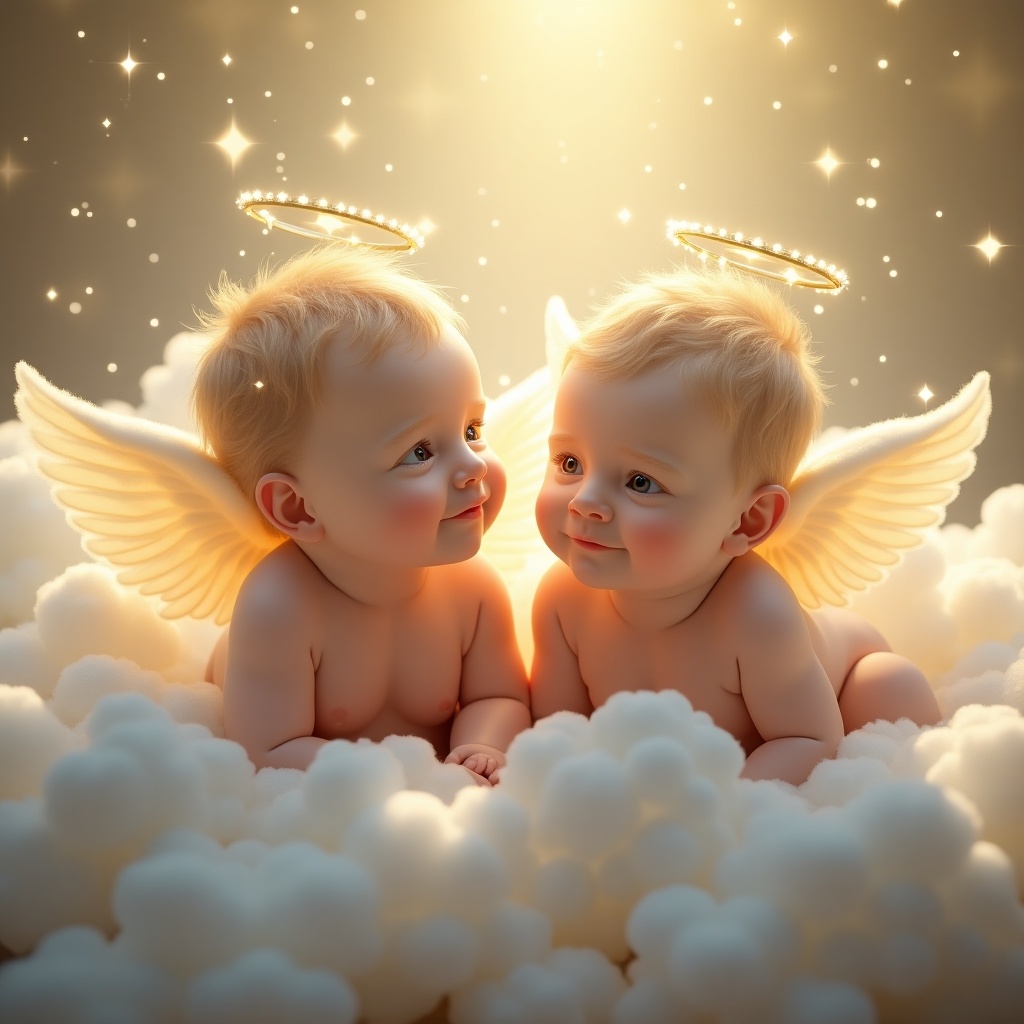 The image features two adorable baby boys with angelic attributes, such as soft golden halos and delicate wings. They are seated on fluffy white clouds, radiating innocence and joy. The background is filled with a warm, ethereal light, creating a heavenly atmosphere. Their faces are joyful, capturing a moment of playful interaction. This peaceful and charming scene evokes feelings of love and purity, perfect for celebrating childhood.