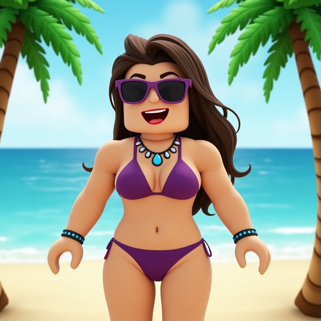 Image depicts a Roblox character wearing a bikini. Character displays a playful expression. Beach background with palm trees and ocean visible. Character accessories include sunglasses and jewelry.