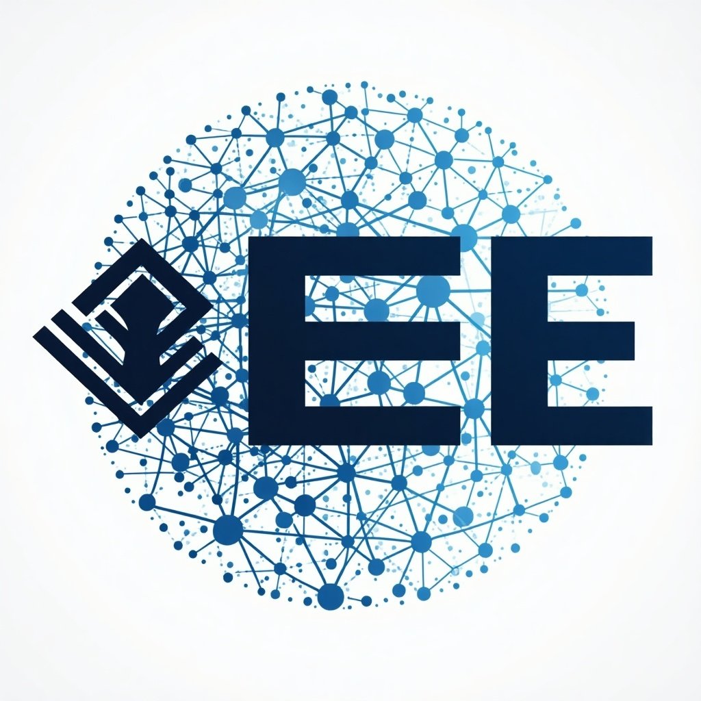 Logo design merging IEEE legacy and artificial intelligence. Features bold 'EE' text intertwined with stylized neural network. Conveys complexity and clarity in technology. Color palette includes blue and black with neon accents.