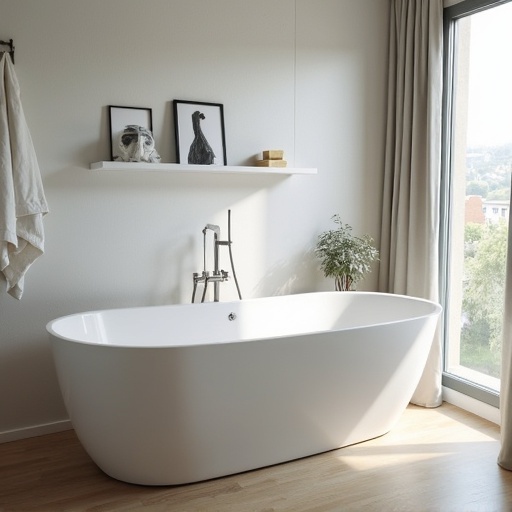 Interior of a modern bathroom with a freestanding white bathtub. A window lets in natural light and a shelf holds decorative items. There are curtains beside the window. A small plant is on the floor beside the tub.