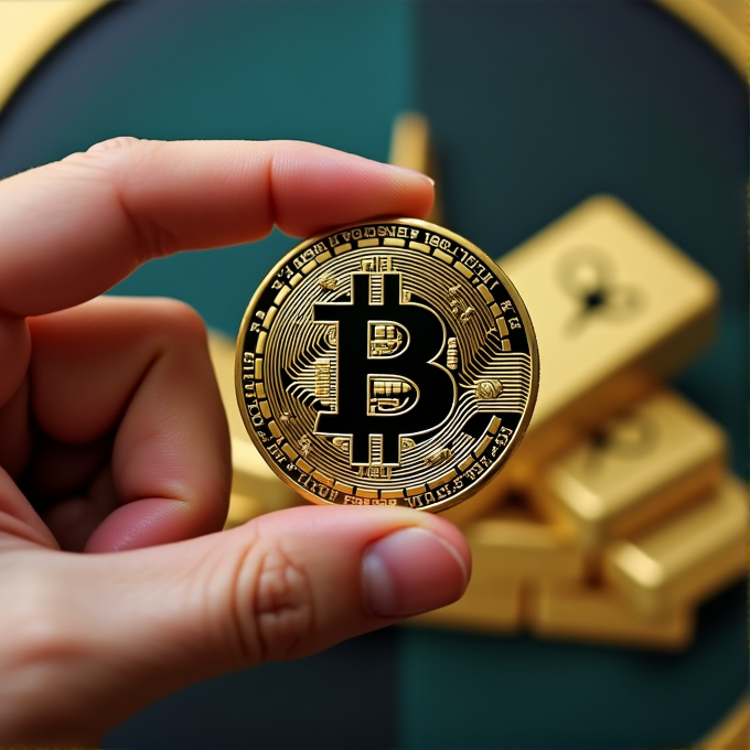 A hand holds a gold Bitcoin in front of gold bars.