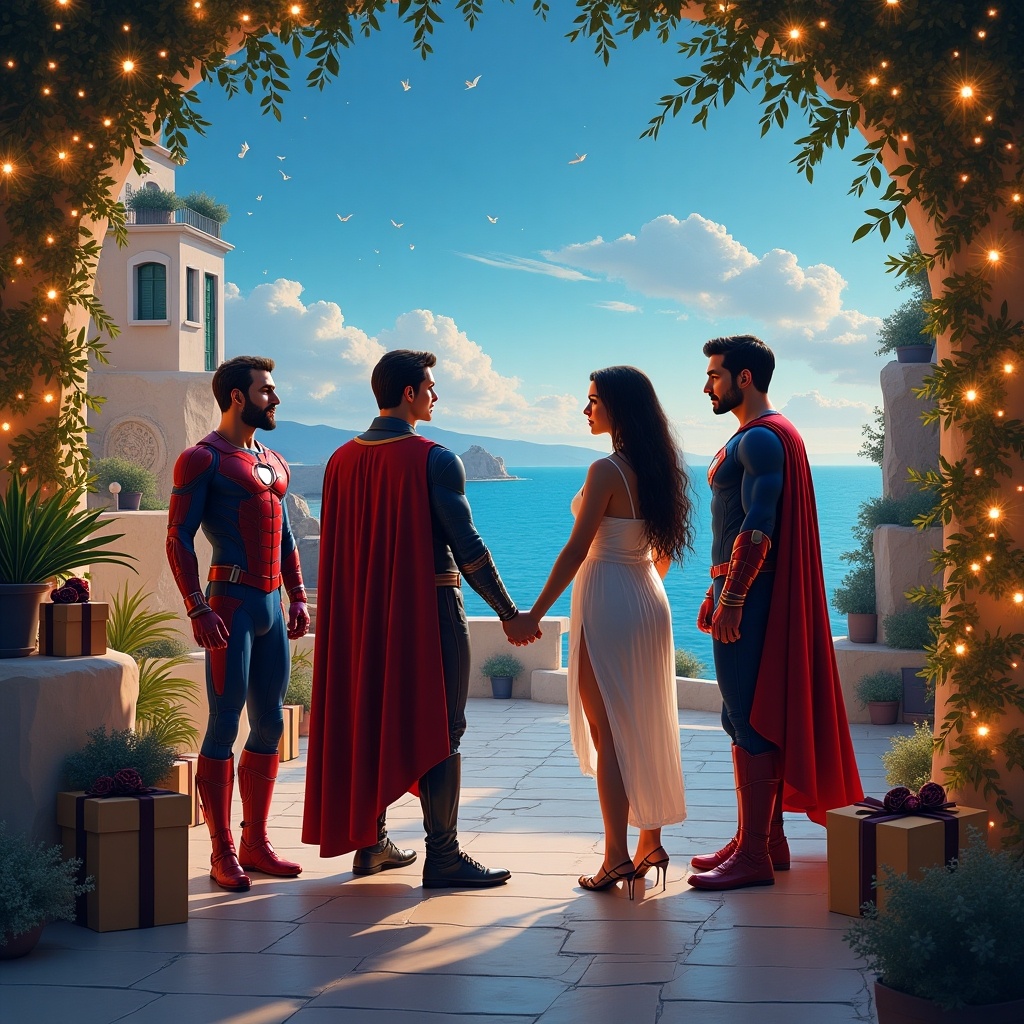 An enchanting Christmas scene displayed in a Mediterranean setting. Superheroes are present, creating a captivating blend of charm and holiday cheer.