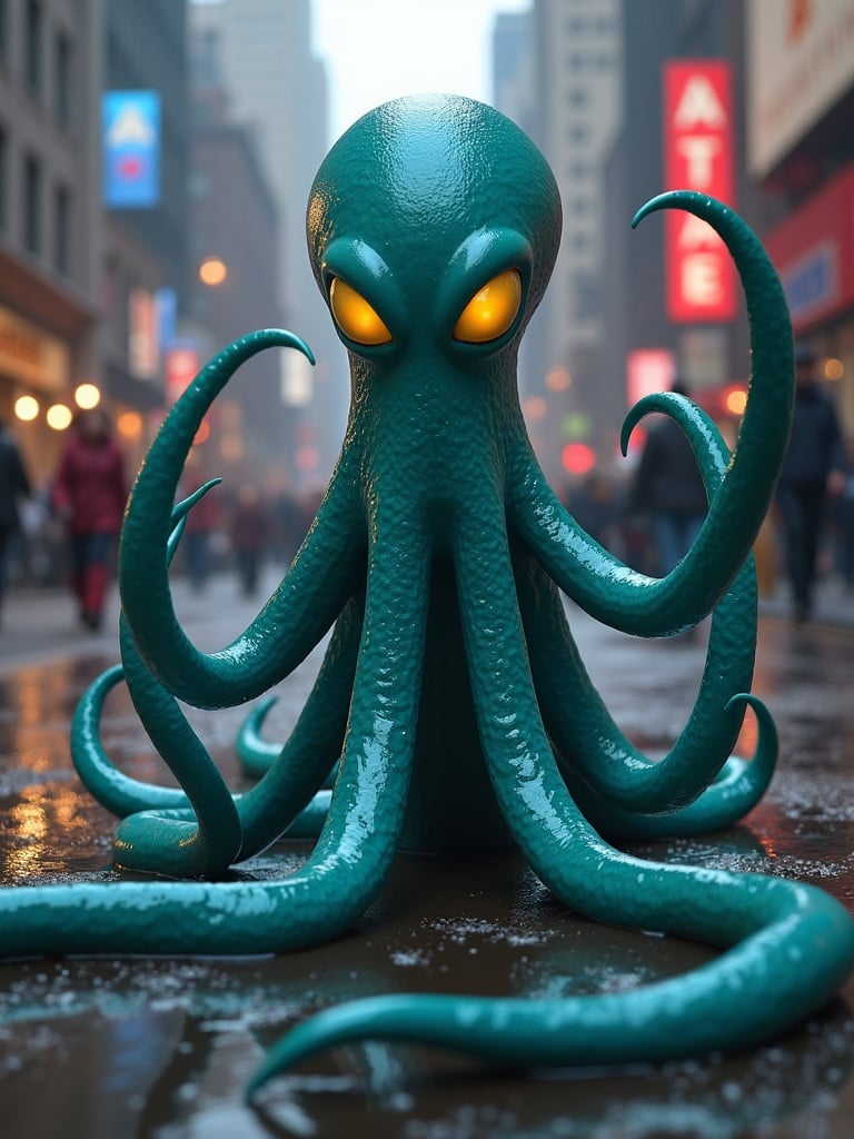 Illustration of a teal octopus with glowing eyes in an urban street scene. The character has multiple tentacles and a stylized, cartoonish appearance. Background features blurred city silhouettes and neon lights, creating a foggy atmosphere.