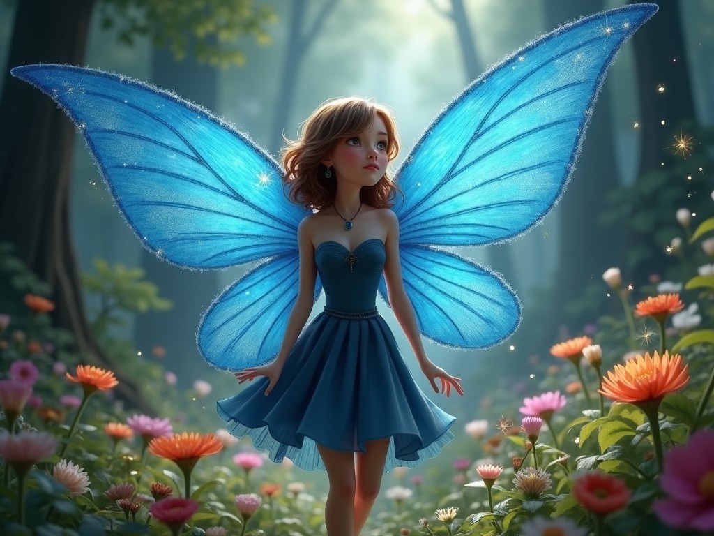 This image features a fairy with magnificent, large blue wings, standing delicately in a lush, enchanted forest. The fairy wears a short, dark blue dress that beautifully complements her ethereal appearance. Her brown hair cascades gently, enhancing her whimsical charm. Surrounding her are colorful flowers that add to the enchanting atmosphere of the scene. Soft, magical lighting permeates the image, creating a dreamy effect and inviting the viewer into a fantastical world.