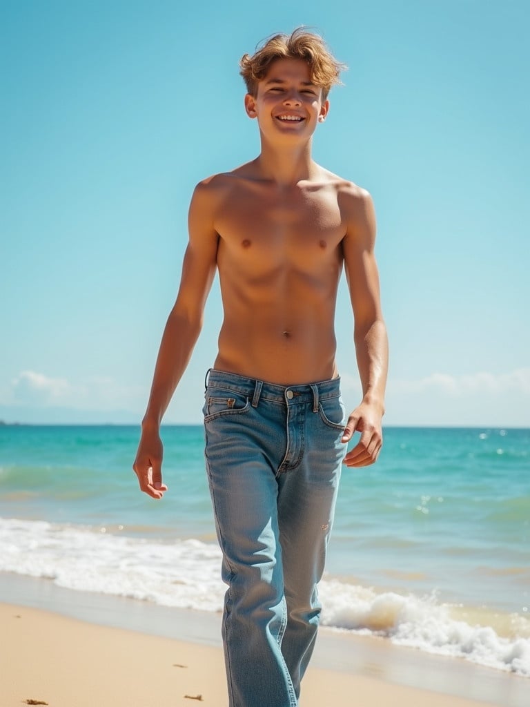 Teenage boy walking along the beach. He is shirtless and wearing low hanging denim jeans. The background features a clear sky and ocean waves. The boy has a relaxed and confident demeanor.