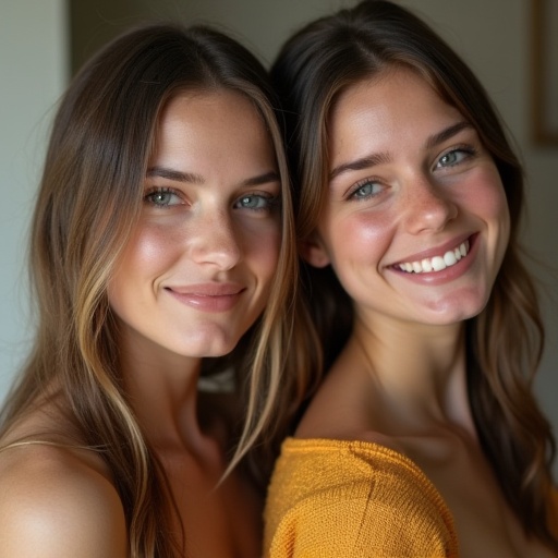 Two beautiful girls in their twenties are standing next to each other. They have long hair and are smiling. One is wearing a soft yellow sweater.