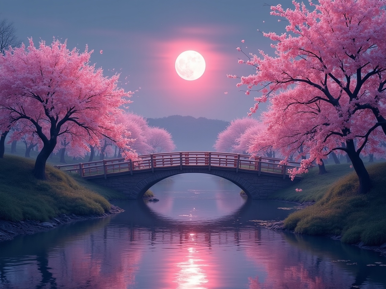 This serene scene captures a beautiful moonlit landscape featuring a stone bridge surrounded by cherry blossom trees in full bloom. The vibrant pink blossoms contrast with the soft blue hue of the night sky, with a large, full moon casting its gentle light across the landscape. The reflection of the trees and moon on the calm water below adds to the tranquil ambiance of this picturesque setting.