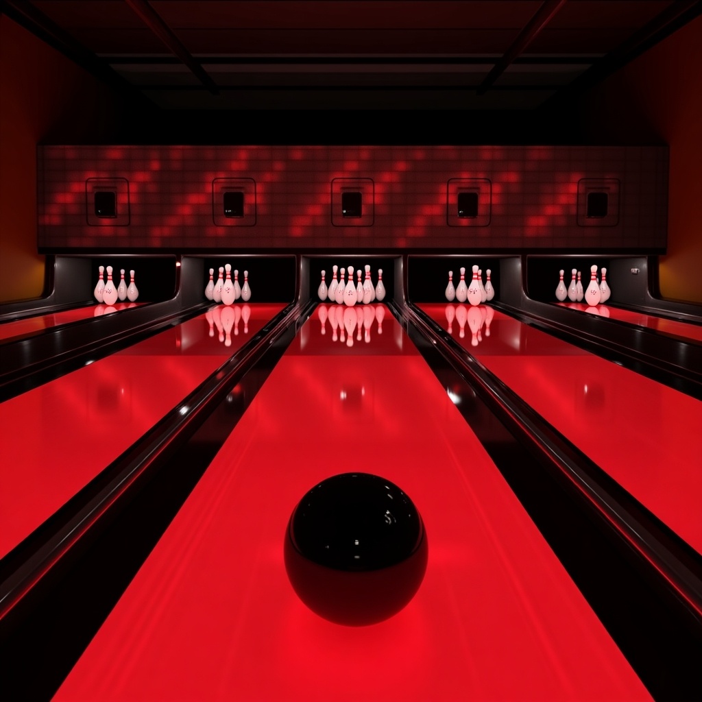 The image showcases a contemporary bowling alley characterized by a striking red and black color scheme. The lanes are vividly reflective, with a central black bowling ball poised for a strike. Behind the ball, rows of white bowling pins glimmer under the immersive red lighting. The ambiance suggests an energetic yet sophisticated environment, catering to social gatherings and events. It invites patrons to enjoy a modern enthusiasm for bowling in a stylish setting.