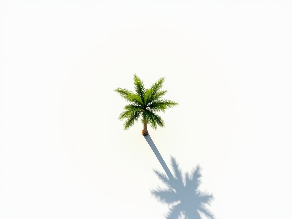 This image depicts a top-down view featuring a single realistic palm tree on a clean white background. The palm tree is centrally positioned with lush green leaves and a sturdy brown trunk. Above the tree, a bright light source creates high-contrast shadows. The shadow extends prominently, emphasizing the tree's form against the stark white backdrop. This minimalist scene highlights the beauty of tropical plants in a simple yet striking manner.