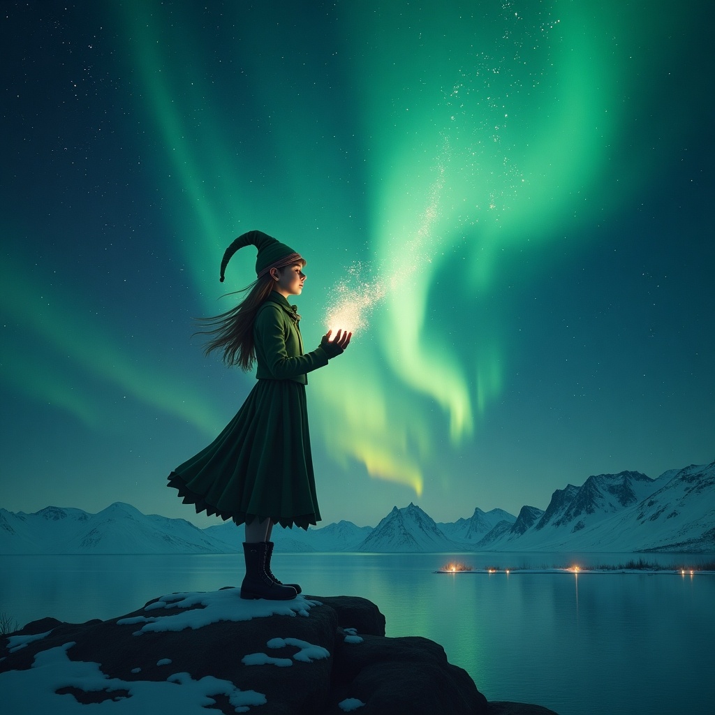 In a magical landscape, a girl dressed as an elf stands on a rock at night. She gazes at the sky as she casts sparkles of magic into the air. The northern lights arc majestically overhead, creating an ethereal glow. Snow covers the ground, contrasting with the dark rocks. Her expression captures a sense of wonder and adventure as she seemingly writes the name 'Abby' in the sky with her magic.