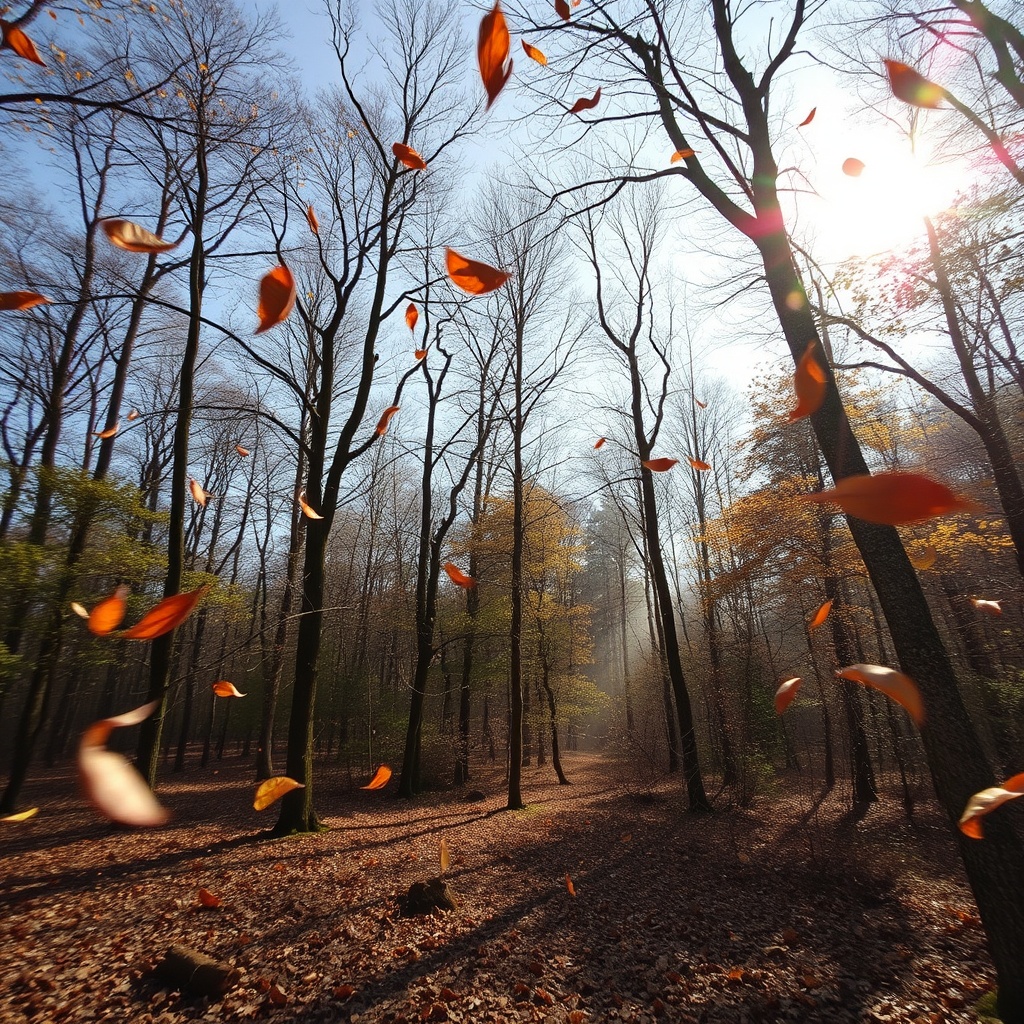 Falling leaves dance through a sun-dappled forest, capturing the essence of autumn.