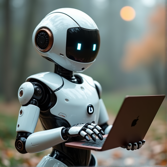 A humanoid robot with glowing blue eyes is using a laptop in a misty park, blending technology with nature.