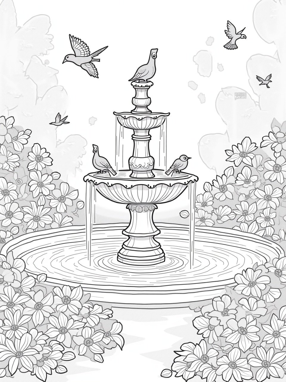 Black and white line art of a fountain surrounded by flowers and birds. The fountain has multiple tiers and is detailed. Various birds are sitting on the fountain and flying around. Surrounding elements are flowers that add to the garden theme.