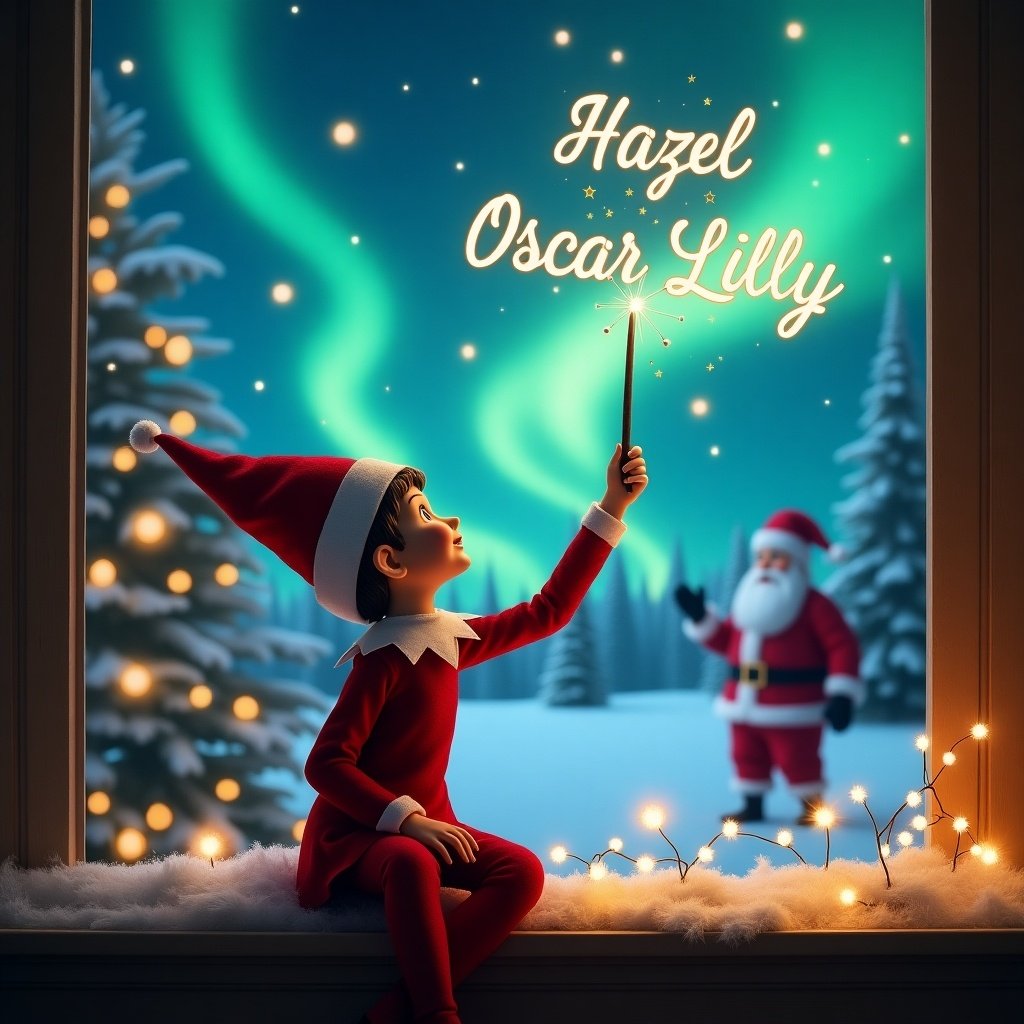 Elf with back to image facing magical sky. Using wand to write names in the air. Background features northern lights and Santa. Names being written are 'Hazel', 'Oscar', 'Lilly'.