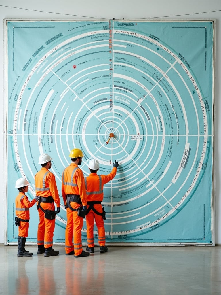 A radar chart is displayed on the wall. Four construction workers are in front of it. They are wearing orange uniforms and safety helmets. One worker points to the chart while others observe. The environment is bright and spacious. The chart is large and clearly visible.