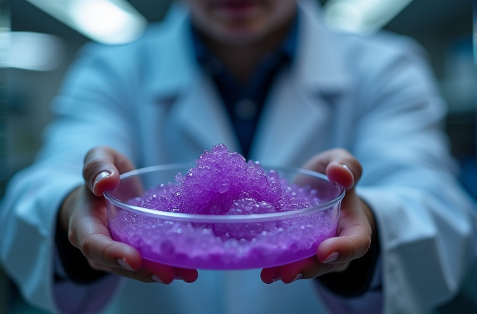 A person in a lab coat holds a Petri dish filled with vibrant purple gel. 