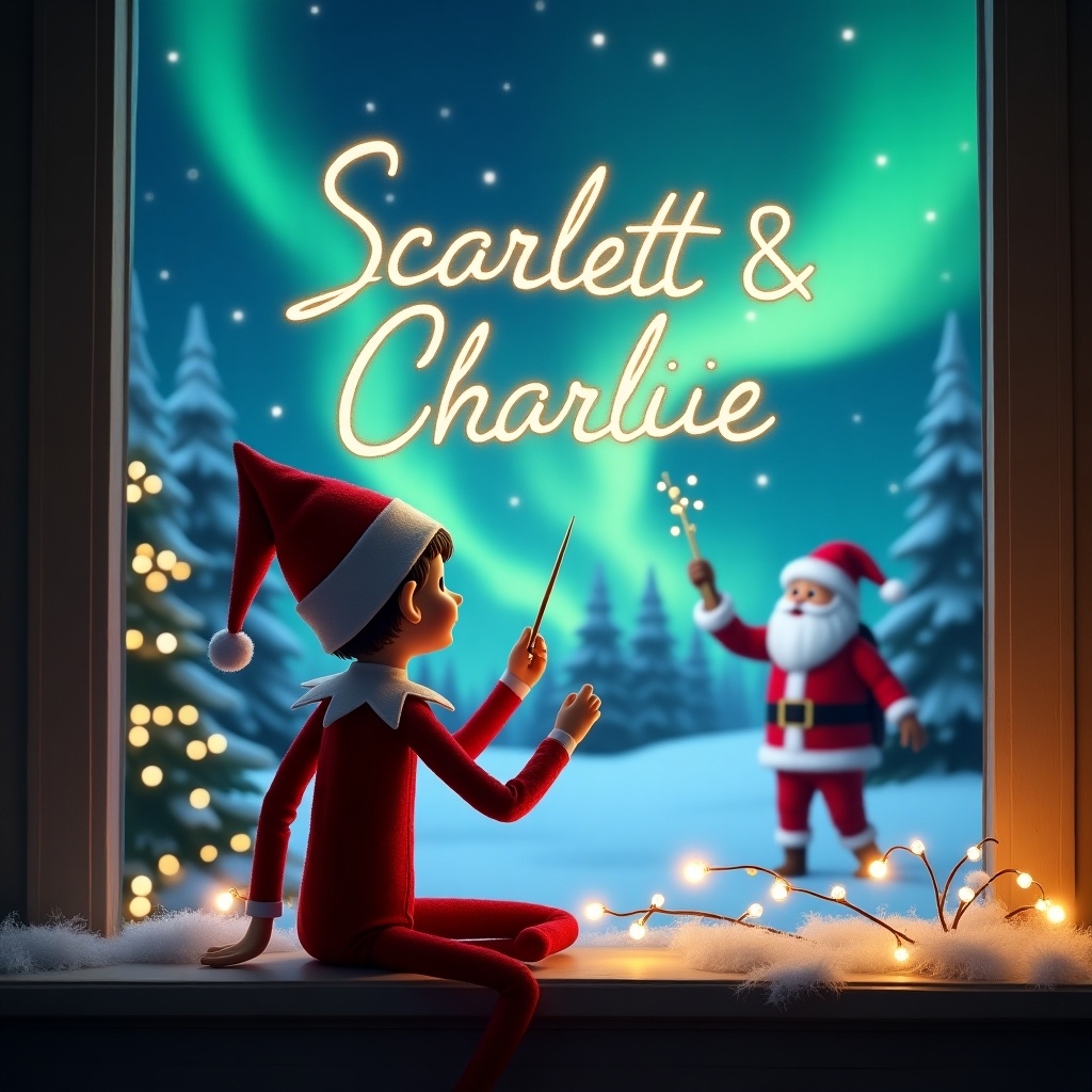 An enchanting scene featuring an elf on the shelf, who has his back turned to the viewer, facing the sky. The elf is joyfully using a magical wand to write the names 'Scarlett & Charlie' in the shimmering sky. In the backdrop, the magical Northern Lights illuminate the night, creating a dazzling atmosphere. Santa Claus is visible in the scene, adding to the festive spirit. String lights twinkle around the elf, enhancing the Christmas charm. This image captures the joy and wonder of the holiday season, appealing to children and families alike.