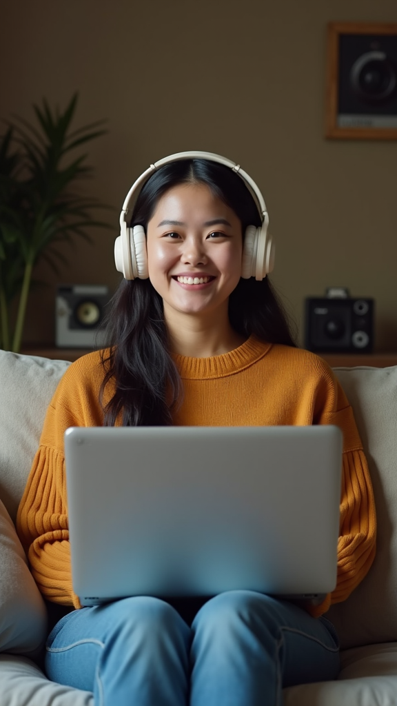 A person in a warm sweater and headphones smiles while sitting with a laptop in a cozy room.