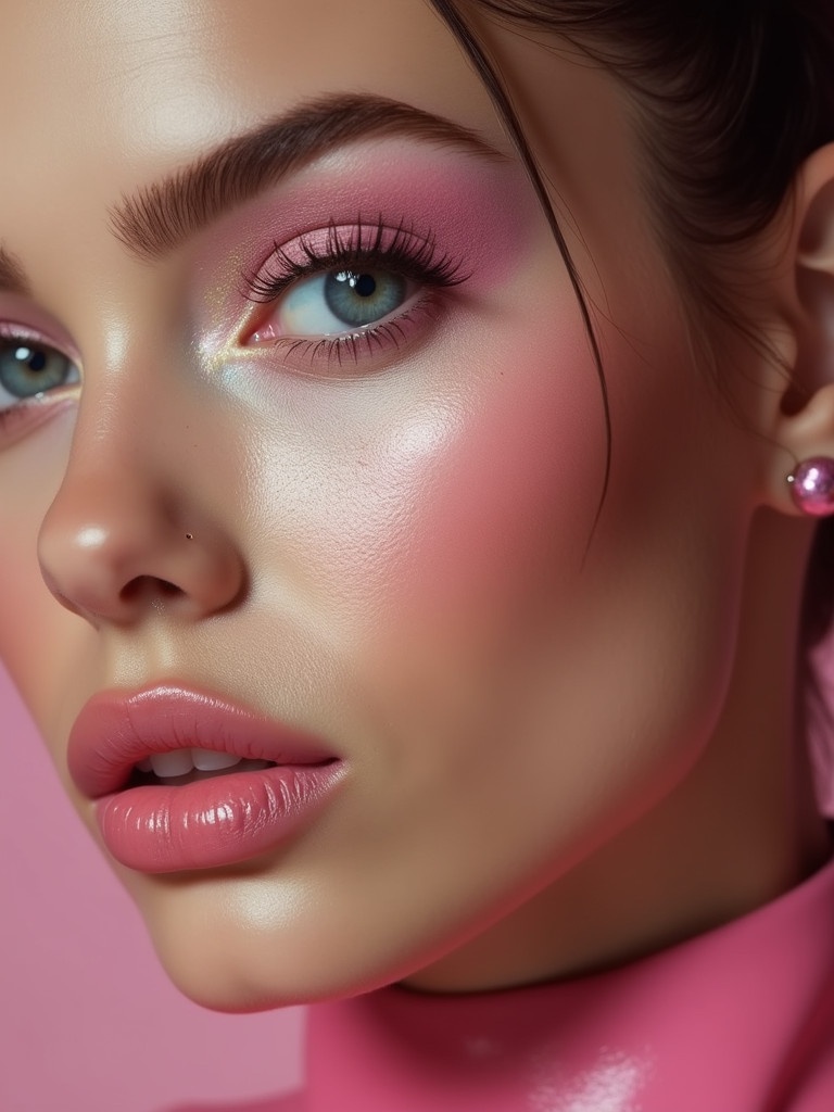 Closeup view of a young woman in her twenties. Bright and large eyes with rosy pink hue. Expertly applied makeup in pink tones. Soft pastel pink eyeshadow and defined lashes. Light pink blush on cheeks. Glossy pink lips. Stunning leather dress with a sleek finish.