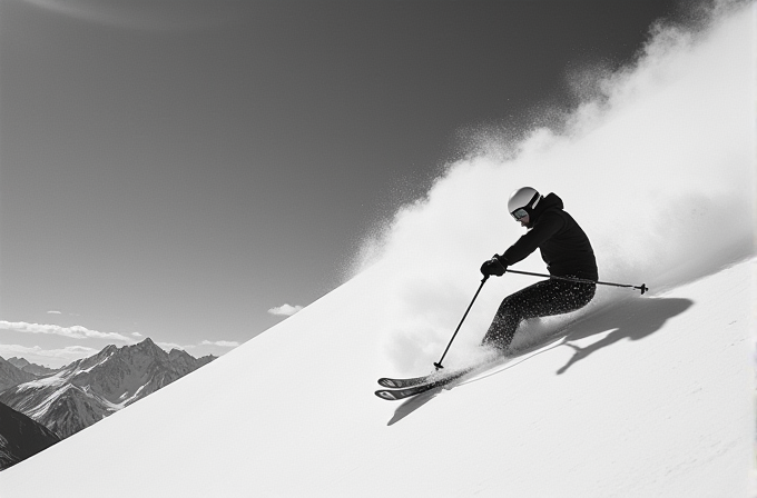 A skier in motion captures the thrill of skiing down a steep snowy mountain slope under a clear, expansive sky.