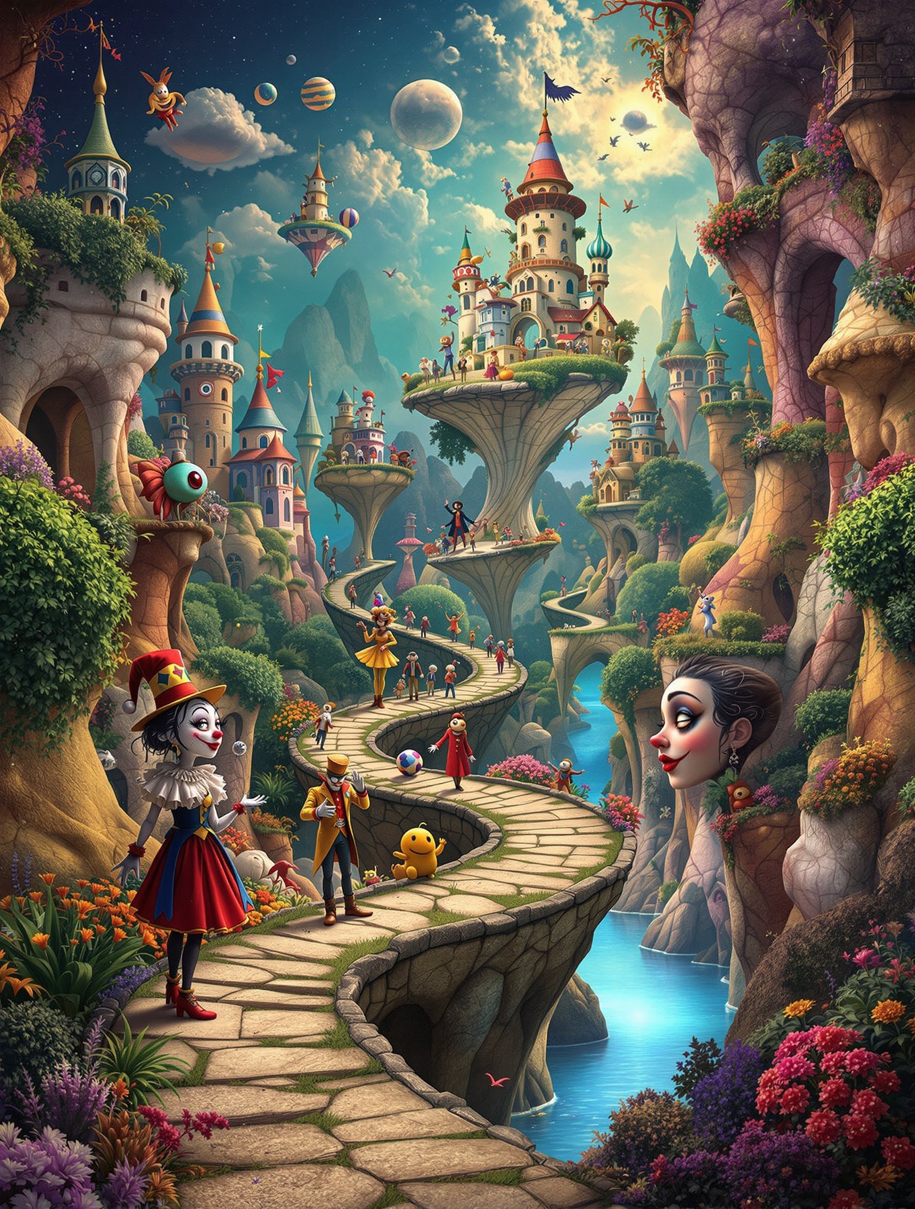 Surreal art scenery with whimsical elements. A vibrant landscape filled with castles and fantasy characters. High detail artwork featuring a magical path and enchanting colors. Creative world inspired by Commedia dell'Arte and surreal artists.