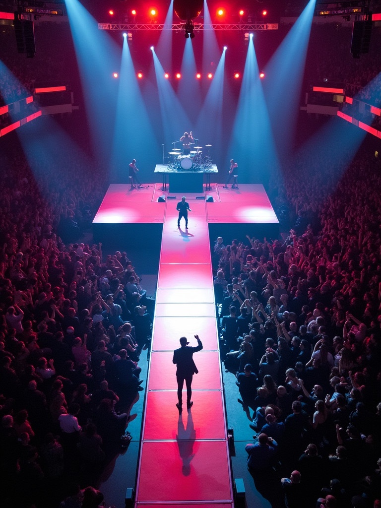 Drone view of Roddy Ricch performing at Madison Square Garden. T-shaped runway leading to an audience. Stage illuminated with vibrant lighting. Thrilling atmosphere captured from above.