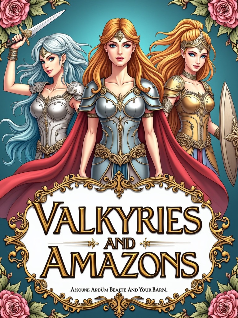 Cover design for a teenage coloring book titled 'Valkyries and Amazons'. Dynamic poses of Valkyries and Amazons. Shimmering armor swords shields. Background with floral and geometric patterns. Bold title with a subtitle. Evocative of a fantastical universe.