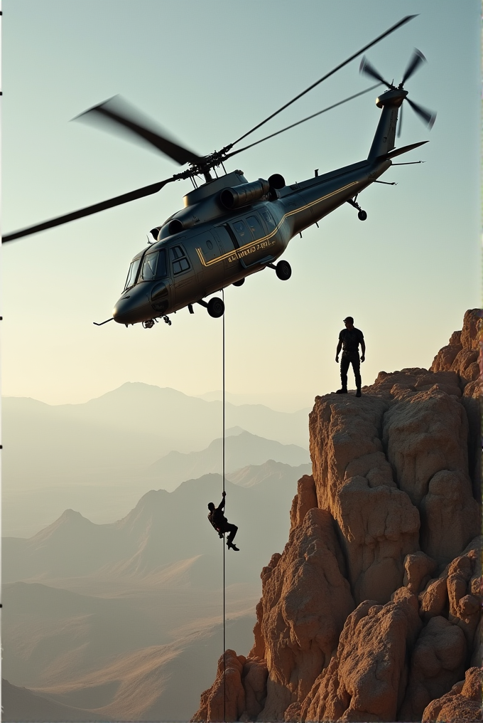 A helicopter with vibrant markings hovers above steep rocky cliffs at dawn as a person descends on a rope, silhouetted against a hazy mountain backdrop.