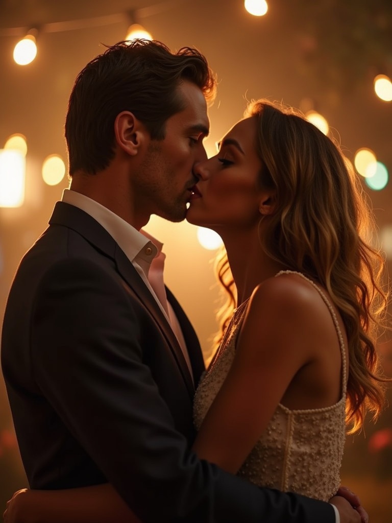 A romantic kiss shared between two figures in soft lighting. Warm ambiance created by string lights. Focus on emotional connection and intimacy. Beautiful setting that enhances the romance.