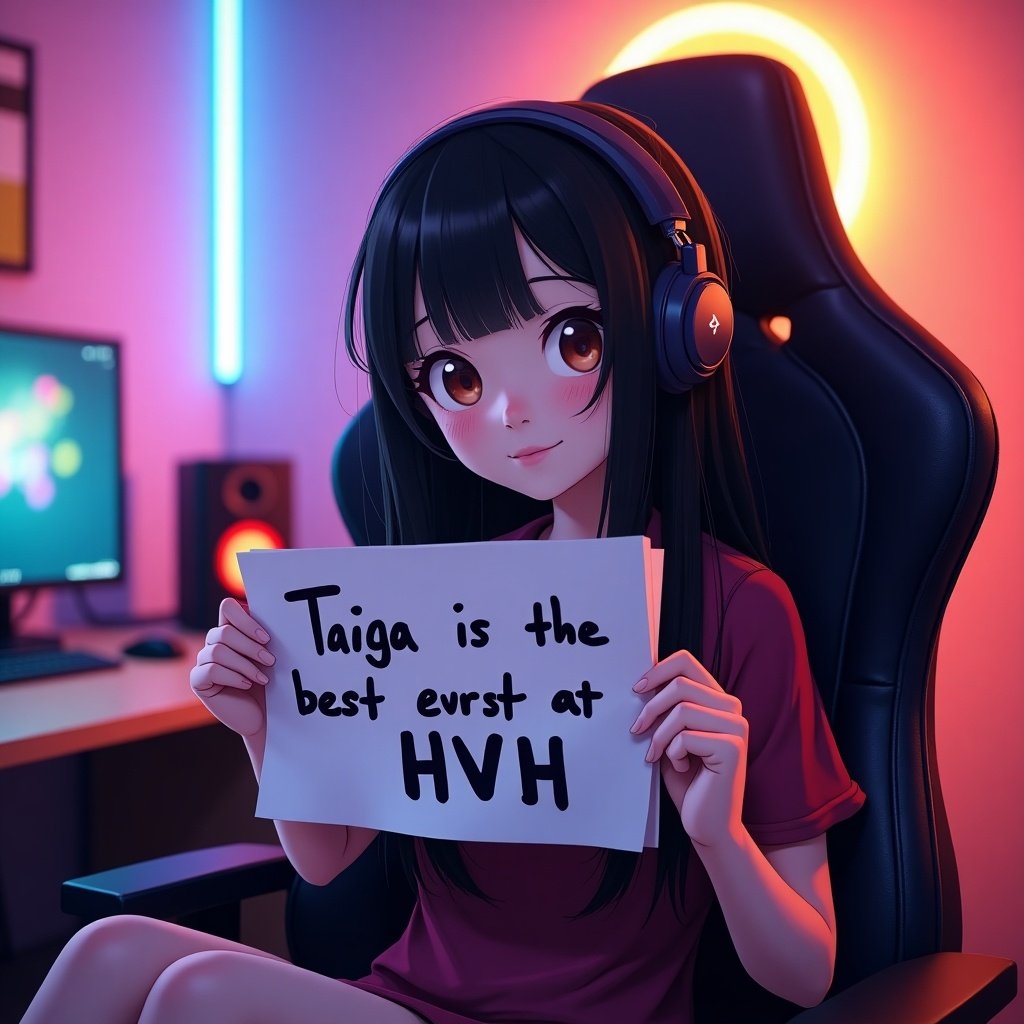 An Asian gamer girl sits in a gaming chair. She holds a handwritten paper stating Taiga is the best at HVH. The room features neon lights in the background. This scene captures the gaming culture's essence.