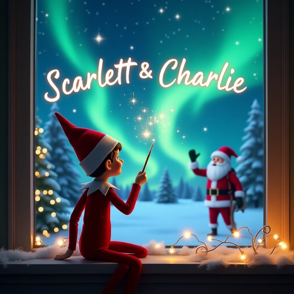 This image features an elf on the shelf sitting with his back to the viewer, facing a beautiful night sky filled with vibrant northern lights. He is gracefully using a wand to write the names 'Scarlett & Charlie' in shimmering magic above a snowy landscape. In the background, Santa Claus can be seen waving cheerfully. The scene is cozy and festive, capturing the wonder of Christmas with twinkling fairy lights around the window. The atmosphere is magical and enchanting, ideal for a holiday theme.