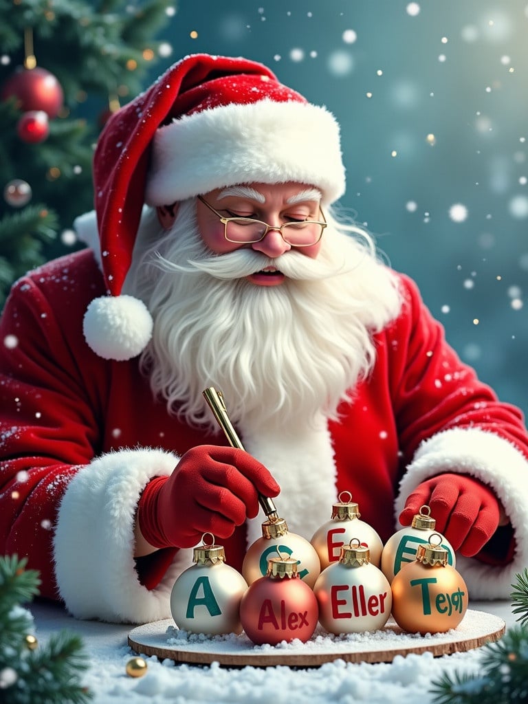 Santa Claus personalizes Christmas baubles in a joyful holiday scene. He writes names on colorful decorations. The background is snowy with festive greenery. Each bauble has a name. The overall atmosphere is vibrant and joyful.