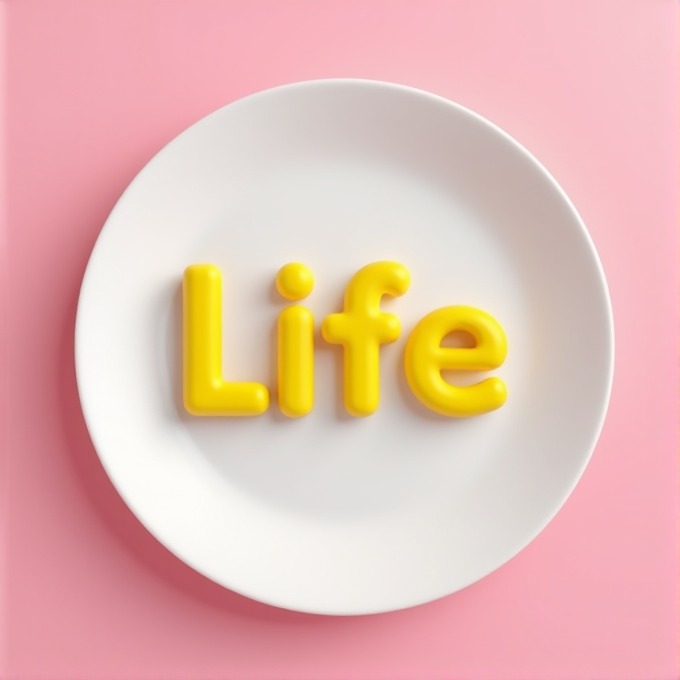 The word 'Life' in yellow letters is placed on a white plate against a pink background.