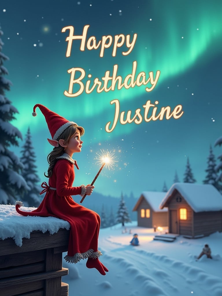 Elf in a red dress sits on a wooden ledge. Elf holds a sparkling wand. Elf gazes at a magical sky. Text in the sky reads 'Happy Birthday Justine'. Snowy landscape background features houses and evergreen trees under Northern Lights.