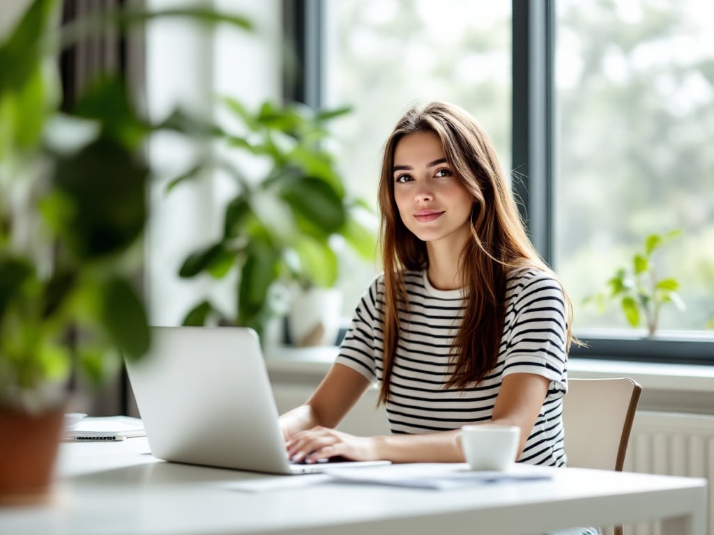 A young woman is seated at a modern desk in a bright airy room. She is wearing a stylish striped t-shirt. She has long straight hair. An open laptop is in front of her. She appears focused on her work. Large windows behind her provide plenty of light. The room features minimalistic decor. Some greenery is visible in the background. The image conveys a sense of productivity and comfort.