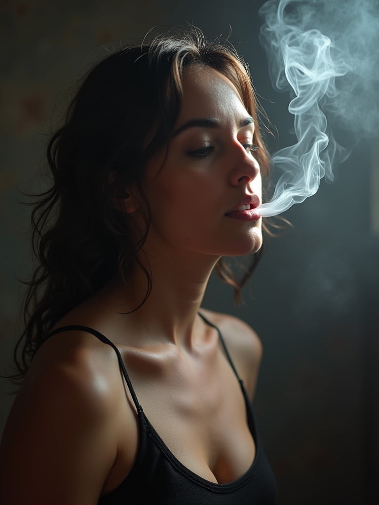 Woman with smoke in a close-up side profile. Soft lighting enhances contours of her body. Smoky background adds dramatic effect. Woman wears a black tank top.