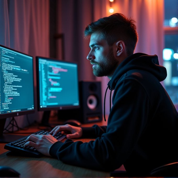 A man in a hoodie intensely writing code on dual monitors in a dimly lit room.