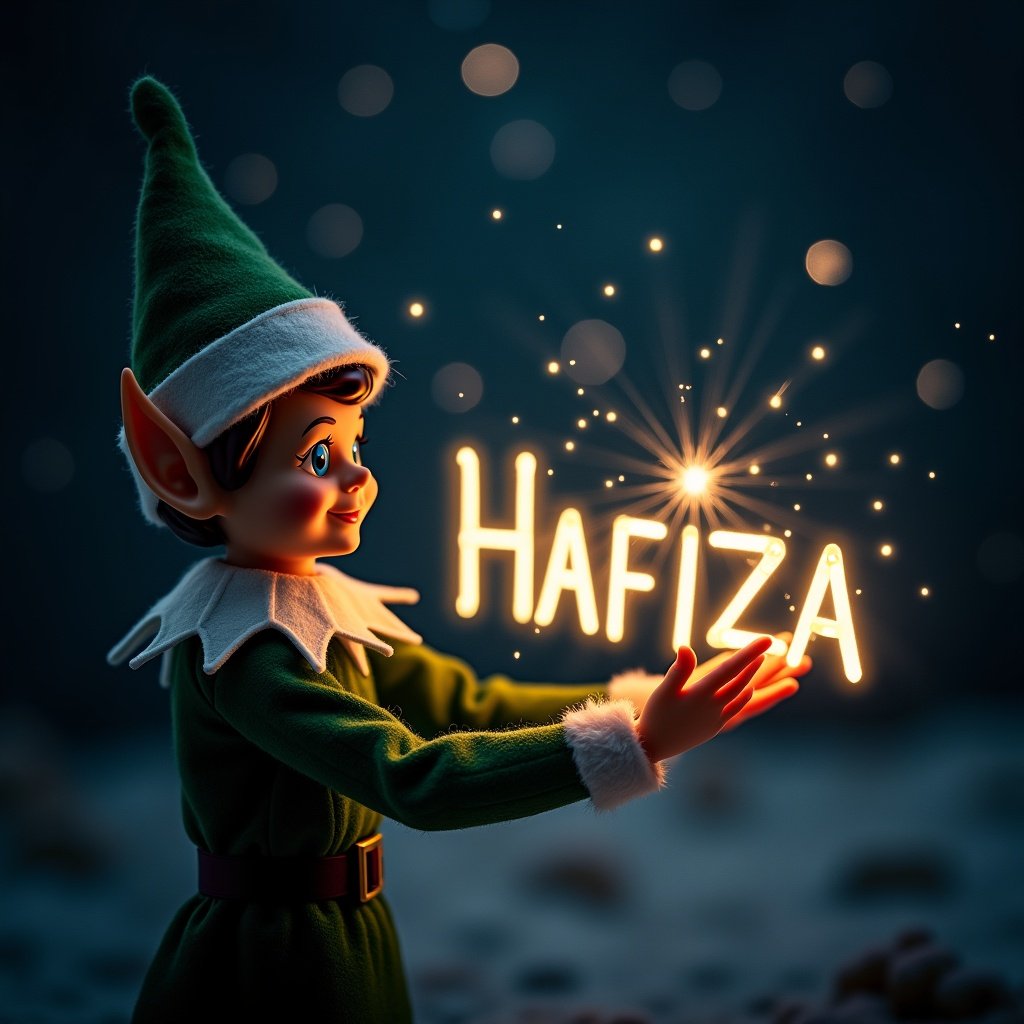 Elf holding a glowing stick creating name 'HAFIZA' in soft light. Dark background enhances glow. Warm festive atmosphere with magical holiday vibe. Evokes magic and joy of Christmas. Invites viewers into a whimsical world. Dark tones enrich vivid light colors.