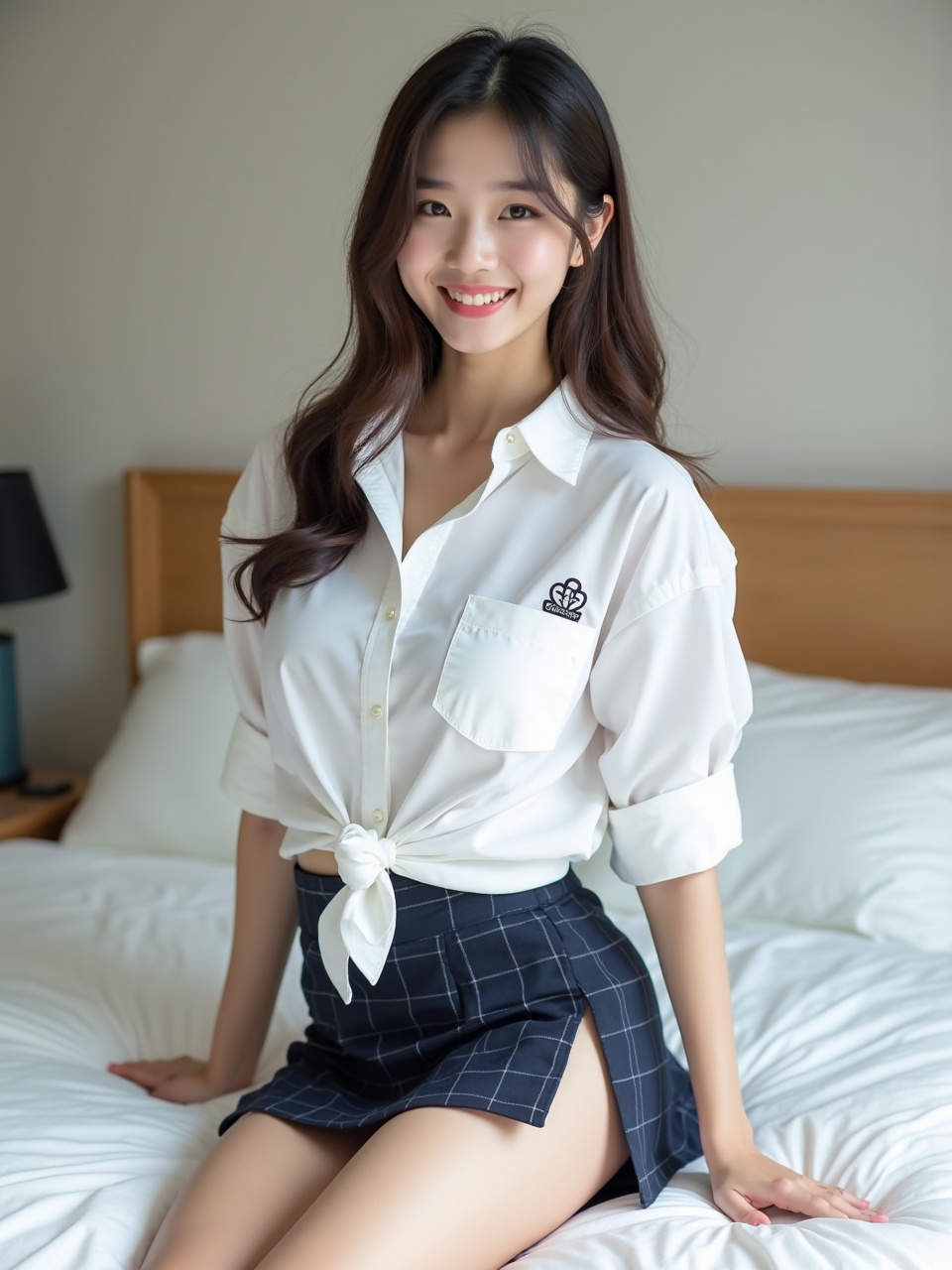 A young woman smiling while sitting on a bed, wearing a white knotted shirt and checkered skirt, in a softly lit room.