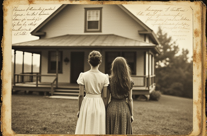 Two women stand facing a house, framed in a vintage sepia tone.