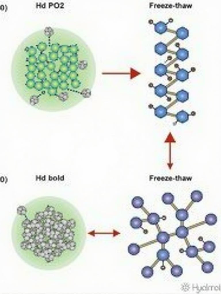 Diagram illustrating molecular structure of chitosan. Show interactions with PVA and TiO₂. Display chitosan's repeating unit with functional groups. Highlight hydrogen bonds with PVA's -OH. Represent TiO₂ as nanoparticles. Show hydrogel network before and after freeze-thaw processes. Use color coding for clarity. Include labels and legends for educational purposes. Provide side-by-side comparison of structures.