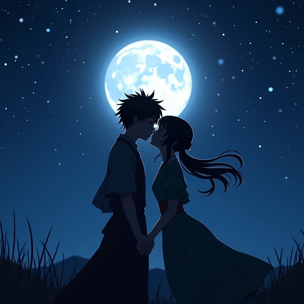 Anime couple kissing under a full moon. Silhouettes against a bright starry sky. Romantic night scene. Serene atmosphere with a mystical glow.