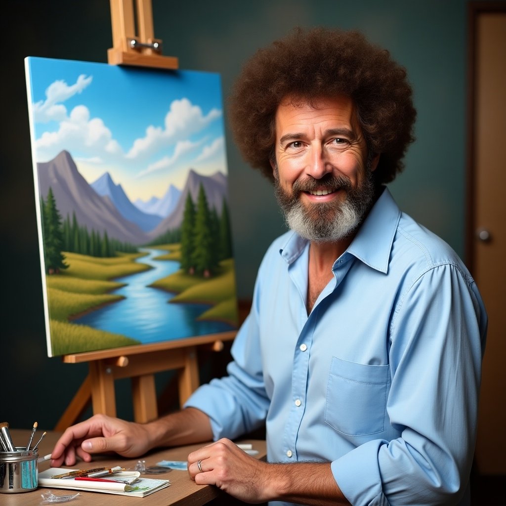 A man with curly hair and a beard sits in front of a canvas. He smiles at the camera. Bright landscape painting shows mountains and a river. Natural lighting highlights the scene.