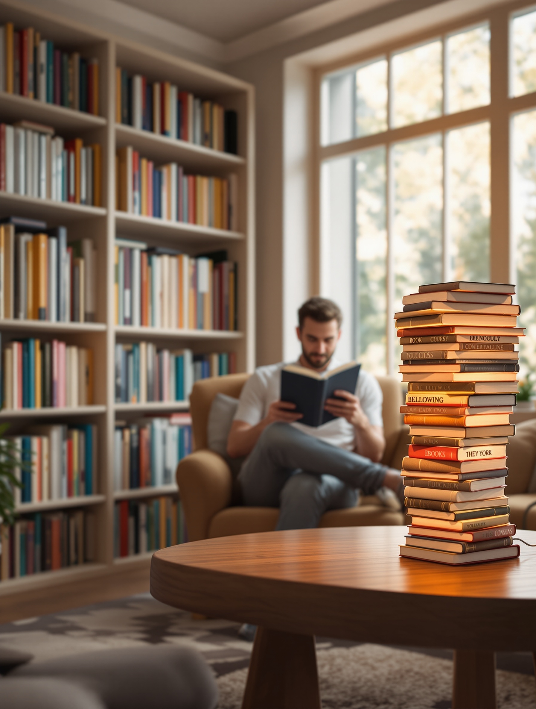 Image shows a cozy reading nook. A man reads a book in the background. He sits comfortably with legs crossed. A stylish lamp made from stacked books is on a wooden table. Soft light filters through large windows. Bookshelves with colorful books adorn the walls. The scene exudes a warm and inviting atmosphere suitable for reading.