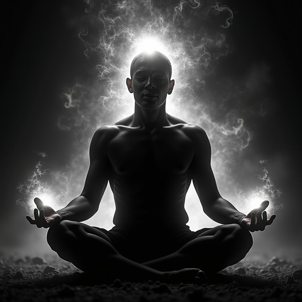 Silhouette of a man seated in deep meditation. The figure is black. Soft, ambient light surrounds the figure. The figure has a translucent aura. Cosmic energies swirl around. The scene evokes transcendence and inner peace.