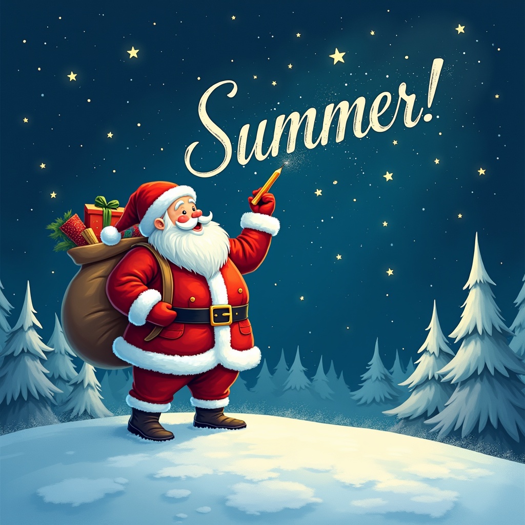 A winter scene features Santa Claus on a snowy hill. He holds a pencil and looks up, writing names in the sky. Santa wears a red and white suit with a large sack of gifts. Stars twinkle around him. The word 'Summer!' is in a whimsical font.