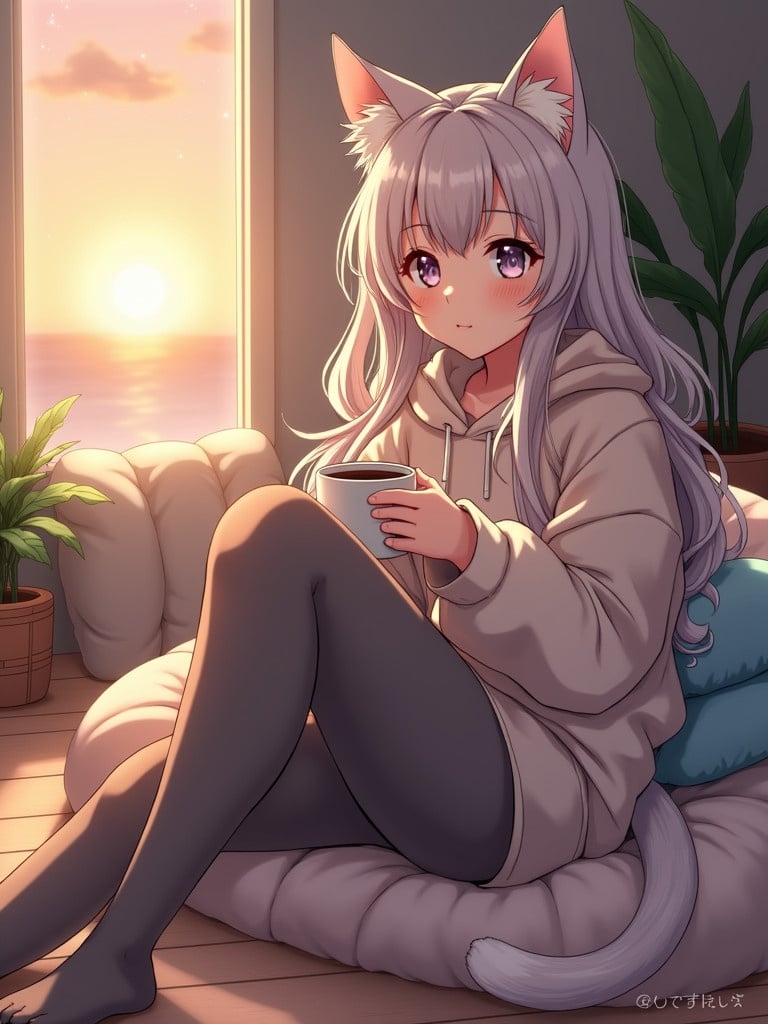 A laid-back catgirl lounges in a cozy, serene setting. She has soft, long hair and a relaxed expression. Cat ears peek through her hair. She wears a loose, oversized hoodie and comfy leggings. Sitting in a peaceful room with warm lighting, she holds a cup of tea or coffee. A fluffy couch or beanbag supports her, with a tail curling lazily. The background shows plants, soft pillows, and a window with a sunset view. The atmosphere feels peaceful and calming.