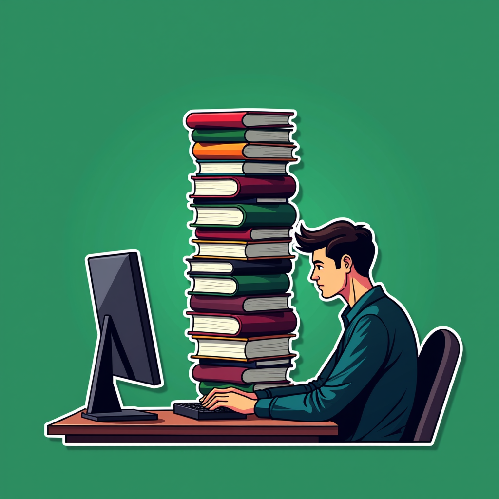 A focused individual typing on a keyboard amidst a towering stack of books, illustrating a blend of traditional and digital study methods on a green background.