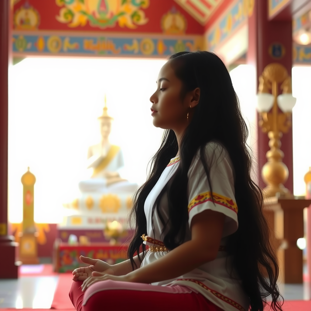 A woman meditates peacefully in a vibrant and ornate temple setting.